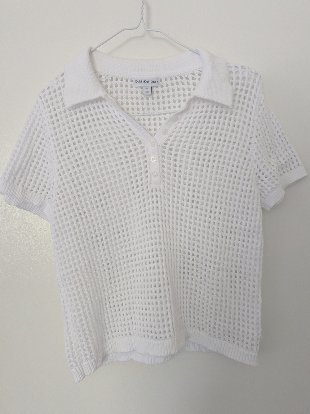 Calvin Klein Jeans White Open Knit Mesh Polo Shirt M Crochet